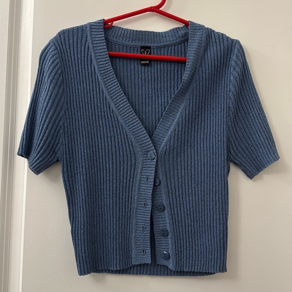 Windsor Dusty Blue Ribbed Button-Up Cardigan – Size M